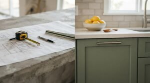 Split-screen comparison showing kitchen renovation blueprints and tape measure on unfinished concrete (left) versus a completed sage green kitchen refresh with subway tile and lemons (right)