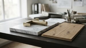 Interior renovation material samples with marble slab, oak flooring, and brass hardware for modern home design