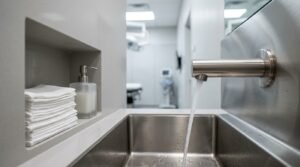 Stainless steel handwashing sink with running water, folded towels, and soap dispenser in a modern dental clinic treatment area