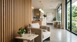 Modern dental clinic waiting area with comfortable lounge seating, a timber slat feature wall, reception desk, large floor-to-ceiling windows, indoor plants, and soft natural lighting, creating a calm and welcoming patient environment