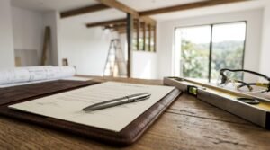 Construction planning workspace with building contract, blueprints, safety glasses, spirit level, and home renovation project documents