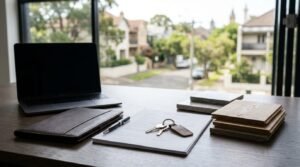 Home renovation budget planning with contract documents, laptop, house keys, and flooring material samples on a modern workspace