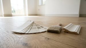 Paint color swatches, paintbrush, and white baseboard molding on oak hardwood flooring during a home renovation project