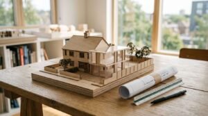 Architectural house model with home extension design, rolled blueprints, and drafting tools on a designer’s workspace