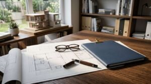 Architectural floor plans with a contractor proposal folder, house model, eyeglasses, and pen on a home renovation planning desk