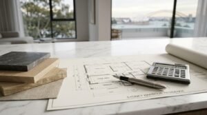 Architectural floor plan with a calculator, pen, and material samples on a marble countertop in a modern luxury home