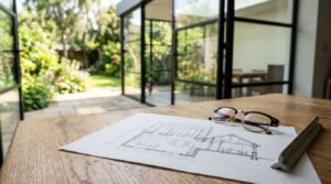 Architectural house drawing on a wooden table with eyeglasses and a ruler beside open glass doors leading to a garden