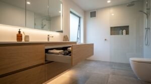Modern bathroom with floating oak vanity, open drawer organizer, under-cabinet LED strip lighting, illuminated mirror cabinet, ceiling ventilation fan, and walk-in shower