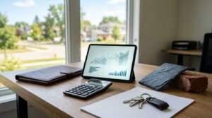 Home renovation cost planning workspace with tablet, calculator, house keys, and building material samples on a wooden desk
