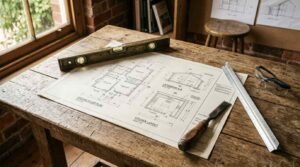 Architectural blueprints with construction tools on a wooden workbench in a design studio