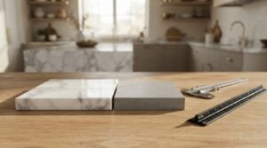 Side-by-side comparison of polished white marble and matte grey quartz countertop samples with caliper and scale ruler on an oak table