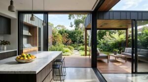 Modern rear home extension with open-plan kitchen and seamless indoor-outdoor living overlooking a landscaped garden