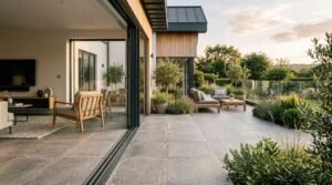 Modern architectural home extension with large sliding glass doors opening onto a spacious porcelain tile patio and landscaped outdoor seating area