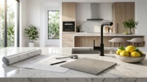 Modern kitchen renovation with architectural floor plans, marble island countertop, black kitchen faucet, tile sample, and design plans