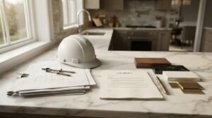 White construction hard hat resting on architectural blueprints alongside a printed renovation contract, pen, and material samples on a marble kitchen island