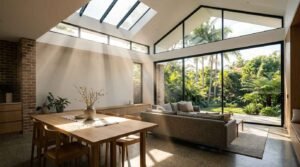 Modern open-plan living and dining area with skylights, floor-to-ceiling glass windows, and abundant natural light overlooking a landscaped garden