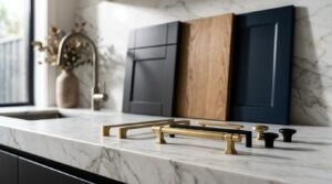 Kitchen cabinetry samples in matte black, natural oak, and dark blue with brushed brass and black hardware options on a marble countertop