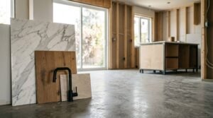 Home renovation materials with marble slab, wood panel, tile sample, and black kitchen faucet inside a modern unfinished kitchen remodel