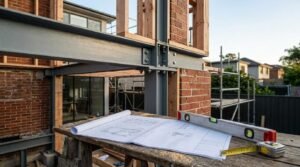 Steel beam and timber framing under construction with architectural plans and leveling tools for a home extension