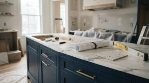 Modern kitchen renovation in progress featuring a navy blue island with a marble countertop, blueprints, and construction tools