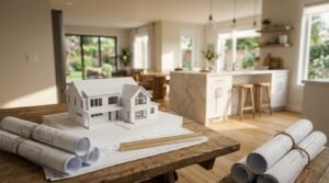 Modern house renovation planning with architectural home model, rolled construction blueprints, and floor plans on a wooden table inside a contemporary open-concept home