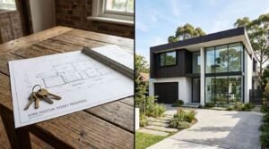 Home extension plans with house keys beside a modern rebuilt home exterior