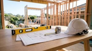 Construction plans with a hard hat, spirit level, and measuring tape on a workbench inside a timber-framed home under construction