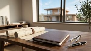 Architectural blueprints and planner on a desk for custom home design and renovation planning