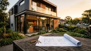 Modern two-story house with architectural floor plans and house keys on an outdoor table at sunset
