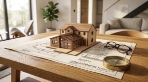 Architectural home extension blueprint with a wooden house model, eyeglasses, and compass on a wooden table in a modern home