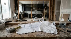 Home renovation project showing unclear renovation scope with architectural blueprints, construction tools, and unfinished residential remodeling