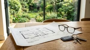Architectural floor plan on a wooden table with eyeglasses and house keys overlooking a lush backyard garden