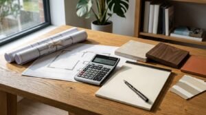 Home extension budget planning with architectural blueprints, calculator, material samples, and renovation cost estimate on a wooden desk