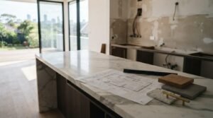 Architectural floor plans and material samples on a marble waterfall island in an unfinished kitchen renovation project with city views