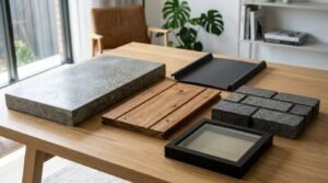 Modern building material samples including concrete, timber, metal cladding, brick, and glass for residential home extension design