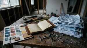 Home renovation budget planning workspace with construction blueprints, material samples, contractor tools, and renovation project documents