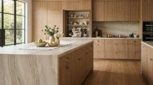 Modern luxury kitchen featuring fluted natural oak cabinetry, travertine waterfall island, coffee station niche, and copper cookware