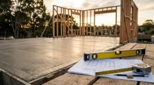 Concrete slab foundation and timber frame construction with architectural plans, spirit level, and measuring tape at a home extension building site