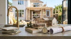 House extension model, rolled blueprints, and a stopwatch on a kitchen countertop overlooking a home renovation project