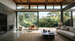 Modern living room with floor-to-ceiling glass walls overlooking a lush tropical garden