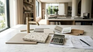 Kitchen renovation planning with countertop material samples, brushed gold faucet, calculator, and renovation blueprints on a marble island