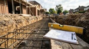Steel rebar foundation trench with construction plans, a spirit level, and clipboard at an active residential building site