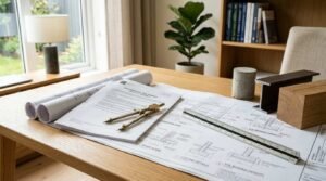 Home foundation planning documents with engineering drawings, geotechnical report, structural material samples, and architectural blueprints on a desk