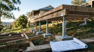 Timber stump foundation construction for a raised home extension with adjustable steel stumps, floor framing, and architectural plans