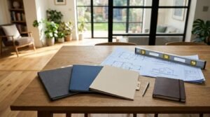 Home renovation contractor bids, architectural blueprints, and project documents on a wooden table in a modern living space