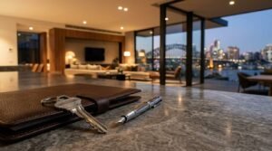 House keys, a leather folder, and a pen on a modern kitchen countertop with a luxury apartment overlooking a city skyline at dusk