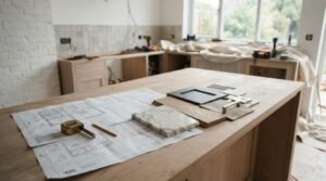 Kitchen remodeling planning setup on a wooden island with architectural blueprints, tape measure, marble sample, dark cabinet door swatch, and tile swatches