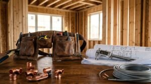 Home renovation contractor tools, construction blueprints, copper plumbing fittings, and electrical wire inside a residential framing project