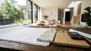 Architect's desk with floor plans, interior material samples, calculator, and modern home renovation design workspace