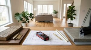 Home renovation planning desk with floor plans, laser distance meter, reclaimed wood, window frame sample, and modern building materials